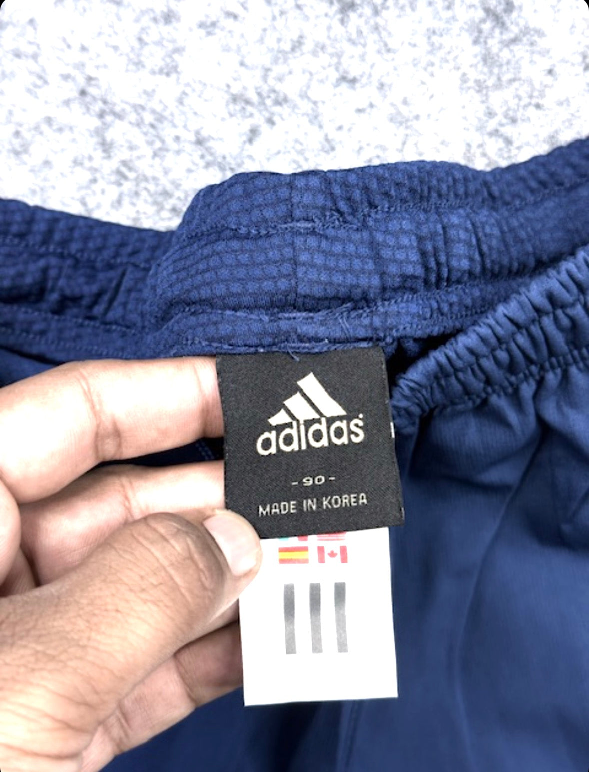 Adidas Vintage Navy Blue Track Pants with Neon 3-Stripes – Size S