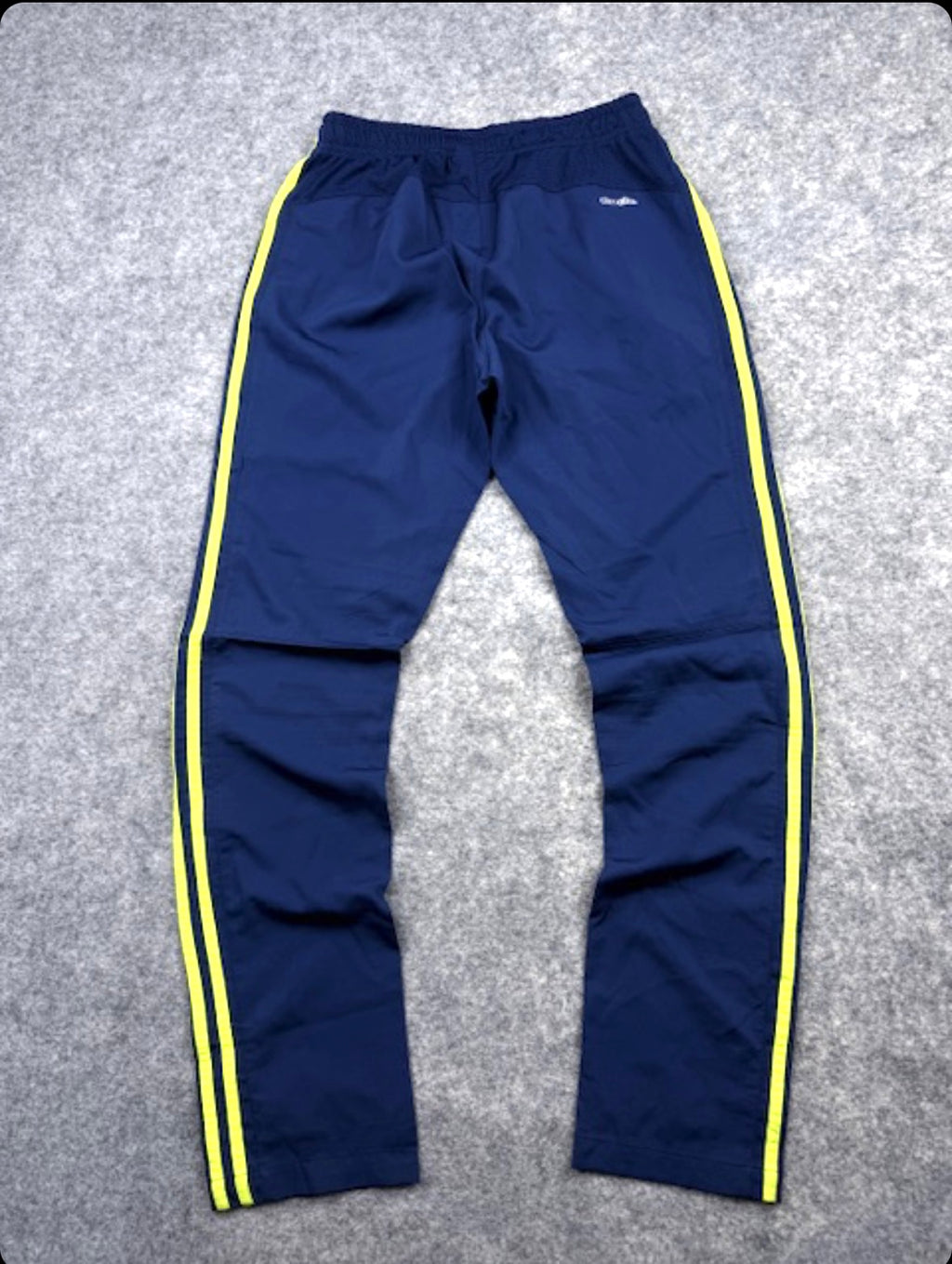 Adidas Vintage Navy Blue Track Pants with Neon 3-Stripes – Size S
