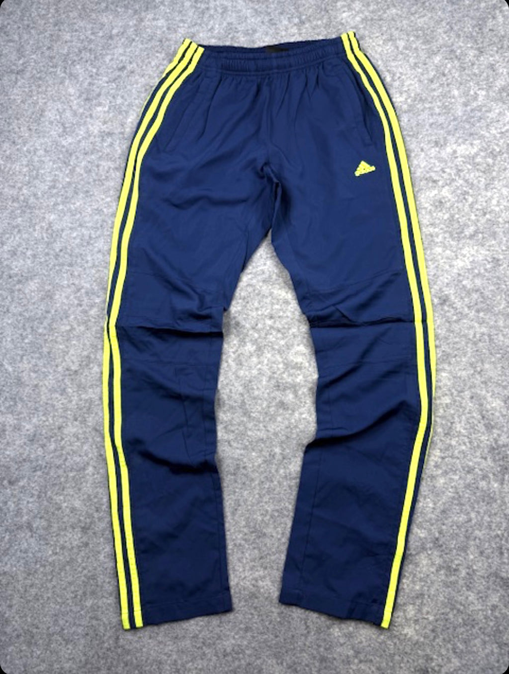 Adidas Vintage Navy Blue Track Pants with Neon 3-Stripes – Size S